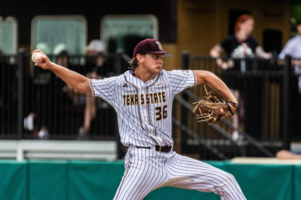 Texas state right hand pitcher Sam Hall (36) pitches, Saturday, April 11, 2026 at Irvine-Rasmussen Ballpark. Troy won 12-11 in game two of the doubleheader.