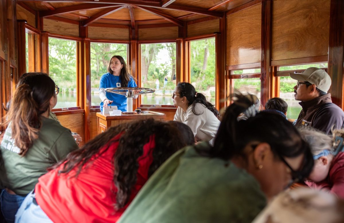A Meadows Center employee gives a free boat tour for an Earth Day event, Saturday, April 18, 2026, at the Meadows Center.