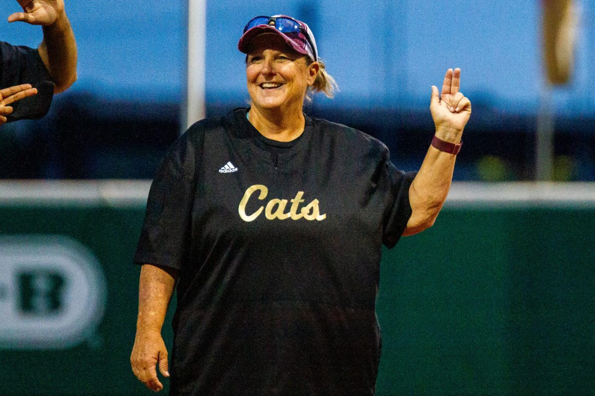 Texas State Ricci Woodard celebrates after beating UTSA,  Tuesday, April 7, 2026, at Bobcat Softball Stadium. The Bobcats beat the UTSA Roadrunners 3-0 to sweep the I-35 rivalry.