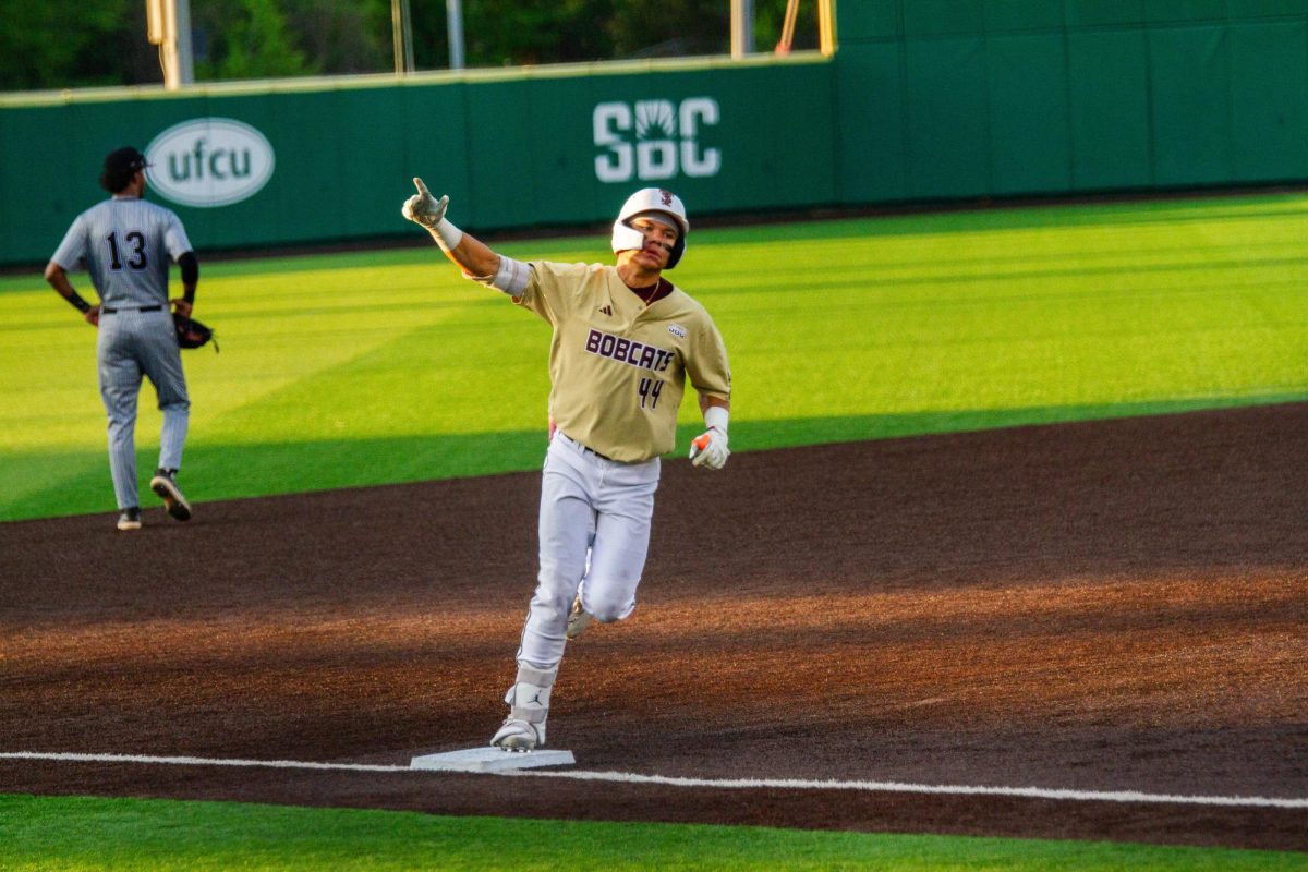 Texas State freshman designated hitter Jackson Cotton (44) celebrates as he rounds the bases after hitting a homerun, Wednesday, April 8, 2026 at Irvine-Rasmussen Ballpark. The Bobcats beat the Stephen F. Austin Lumberjacks 10-0.