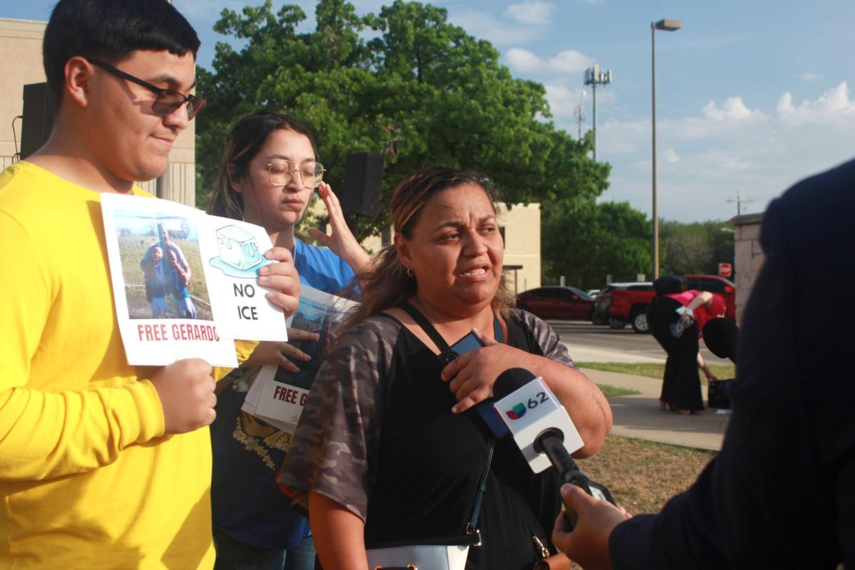 Gerardo Reyes' wife, Sanjuana Escalante (center), and family were interviewed by Univision, a Spanish-language network, at Mano Amiga's press conference on Thursday, April 2, 2026, in front of City Hall.