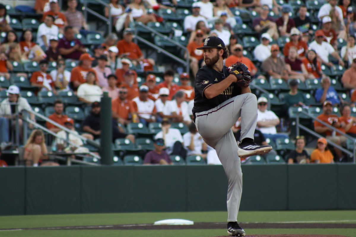 Texas State senior Ryan Markwardt (23) pitches during the game, Tuesday, March 31, 2026, at UFCU Disch-Falk Field. The Bobcats lost 10-8 against No. 2 Texas.