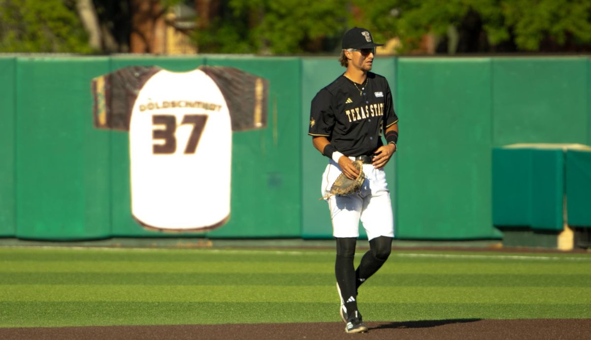 Texas State senior second basemen Chase Mora (3) warms-up prior to first pitch against UTRGV, Tuesday, March 24, 2026, at Bobcat Ballpark. The Bobcats won 8-7.