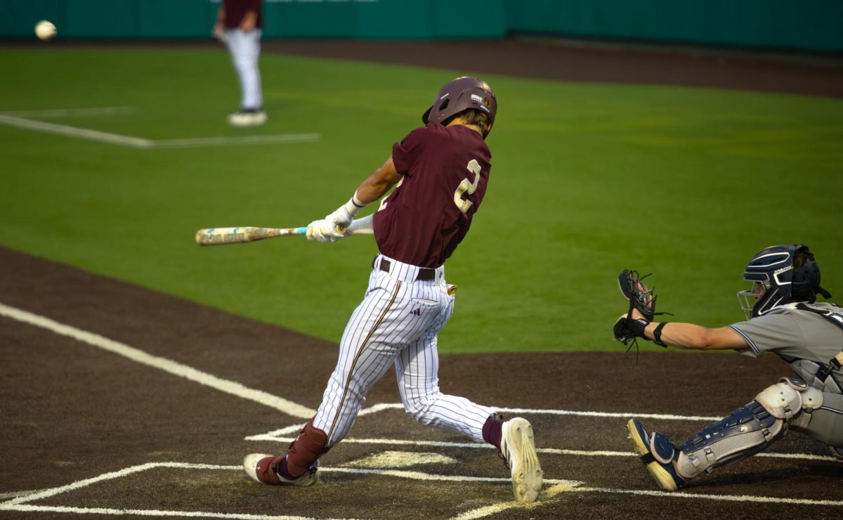 Texas State senior third basemen Chase Mora (2) hits his 37th career home run against Georgia Southern, Friday, April 3, 2026, at Bobcat Ballpark. Mora is the new all-time program leader in home runs.