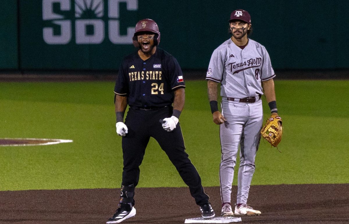 Texas State junior left fielder Jaquae Stewart (34) celebrates his go-ahead, two-RBI single against No.18 Texas A&M, Tuesday, April 7, 2026, at Irvine-Rasmussen Ballpark. The Bobcats beat the Aggies 9-8.