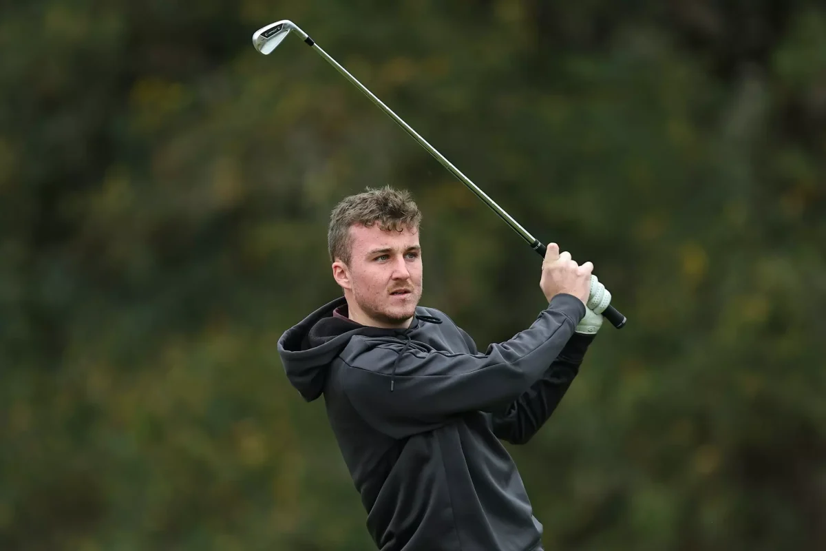 Texas State golfer Ben Loveard hits an approach shot at the Hal WIlliams Collegiate, Tuesday, Feb. 17, 2026. 