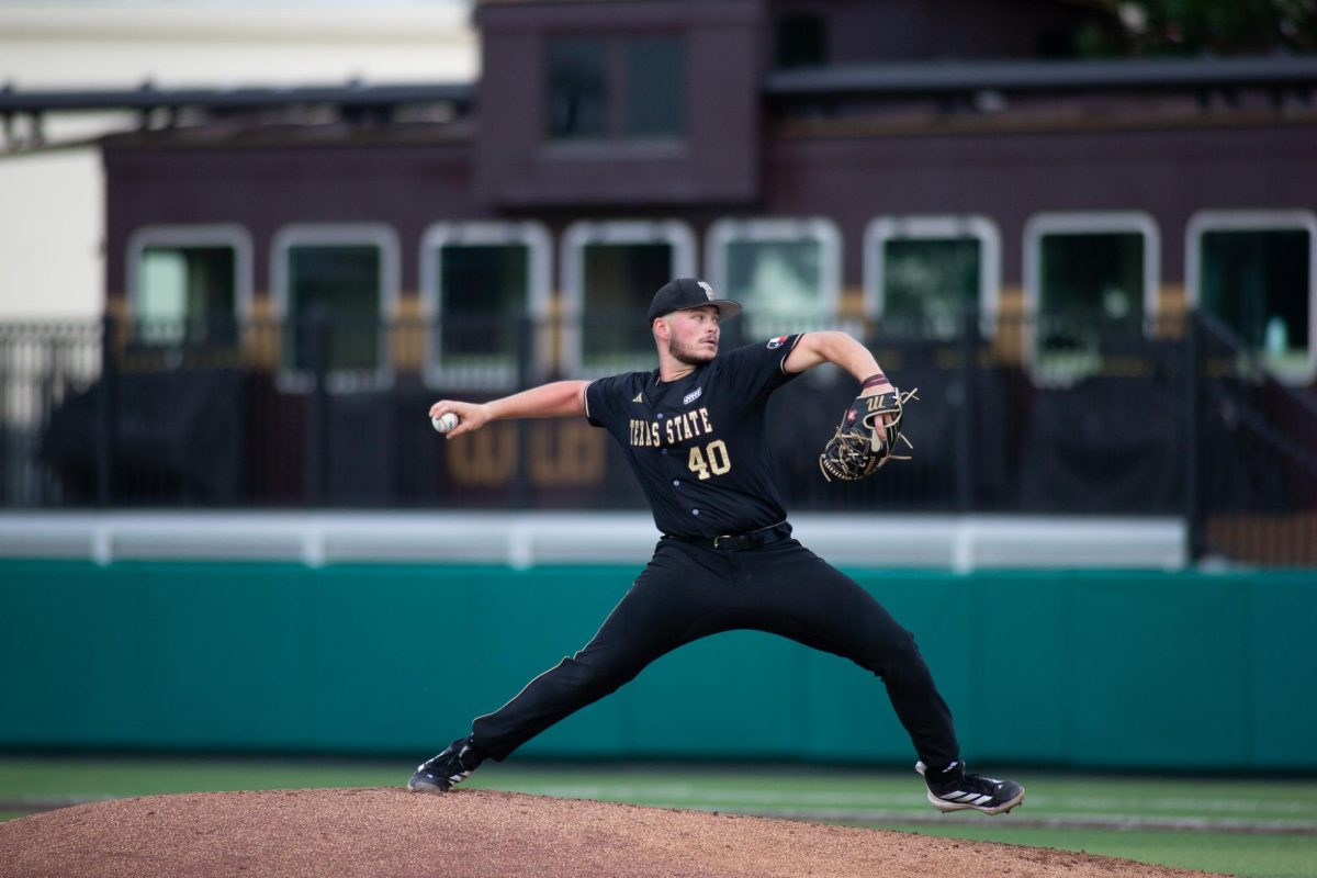 Texas State freshman pitcher Wade Cooper pitches against Marshall, Friday, May 16, 2026, at Irvine-Rasmussen Ballpark. The Bobcats won 12-9.