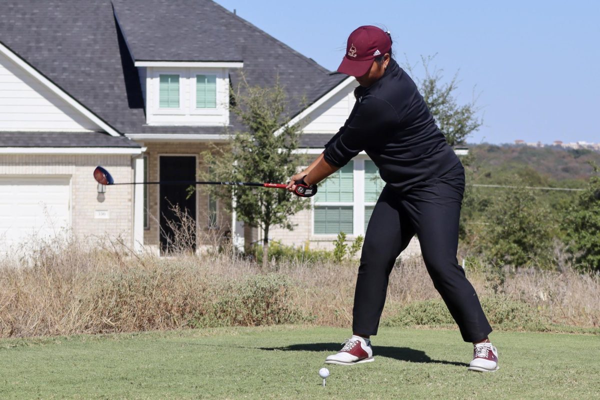 Texas State freshman golfer Grace Quintanilla swings a drive at the Jim West Challenge Sunday, Oct. 19, 2025, at Kissing Tree Golf Club.