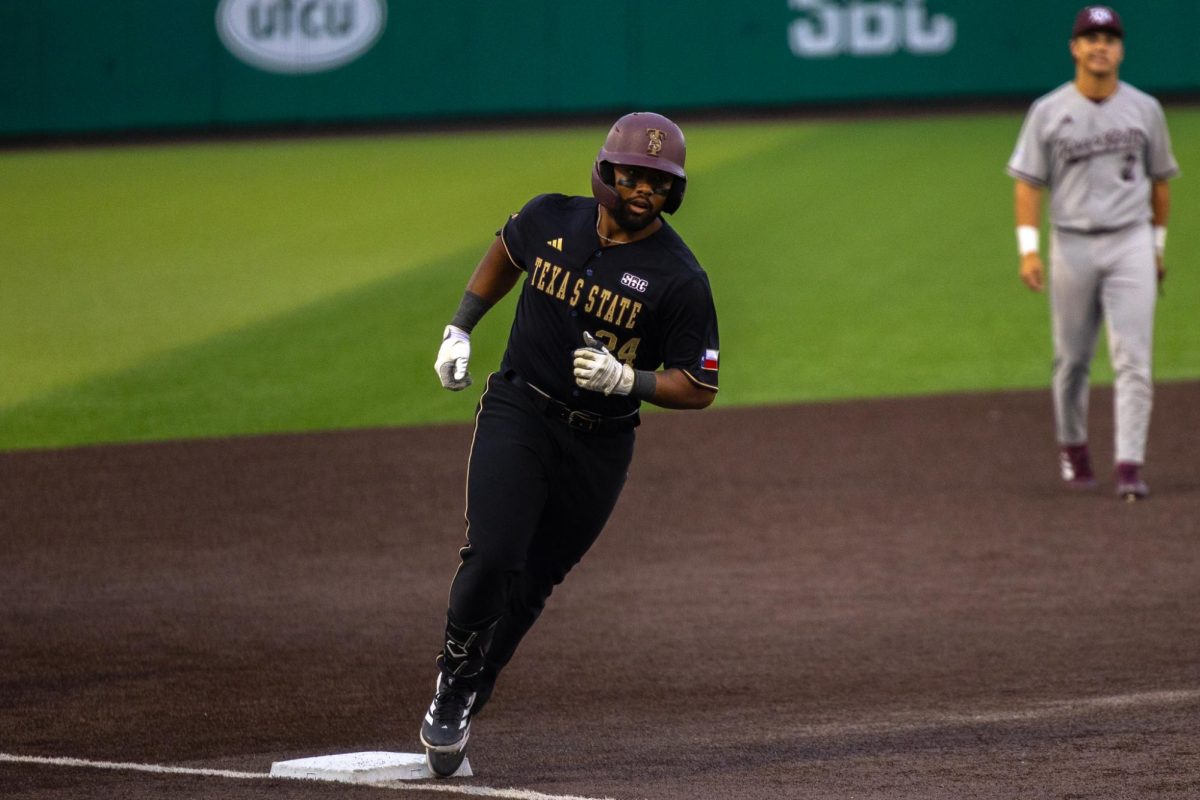 Texas State junior left fielder Jaquae Stewart (34) trots the bases after a two-run home run against No.18 Texas A&M, Tuesday, April 7, 2026, at Irvine-Rasmussen Stadium. The Bobcats beat the Aggies 9-8.