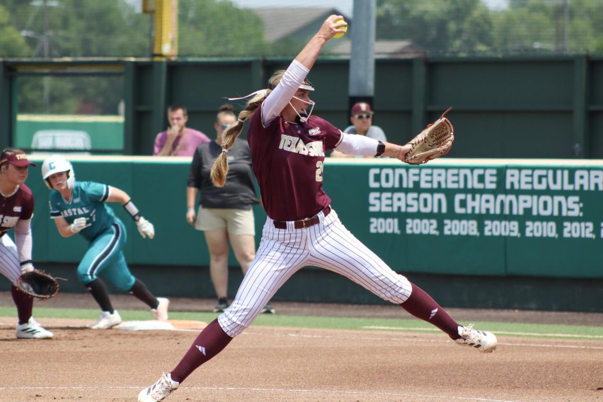 Texas State senior Emma Strood (25) pitches during the game, Saturday, April 25, 2026, at Bobcat Softball Stadium. The Bobcats won 5-0 against Coastal Carolina.