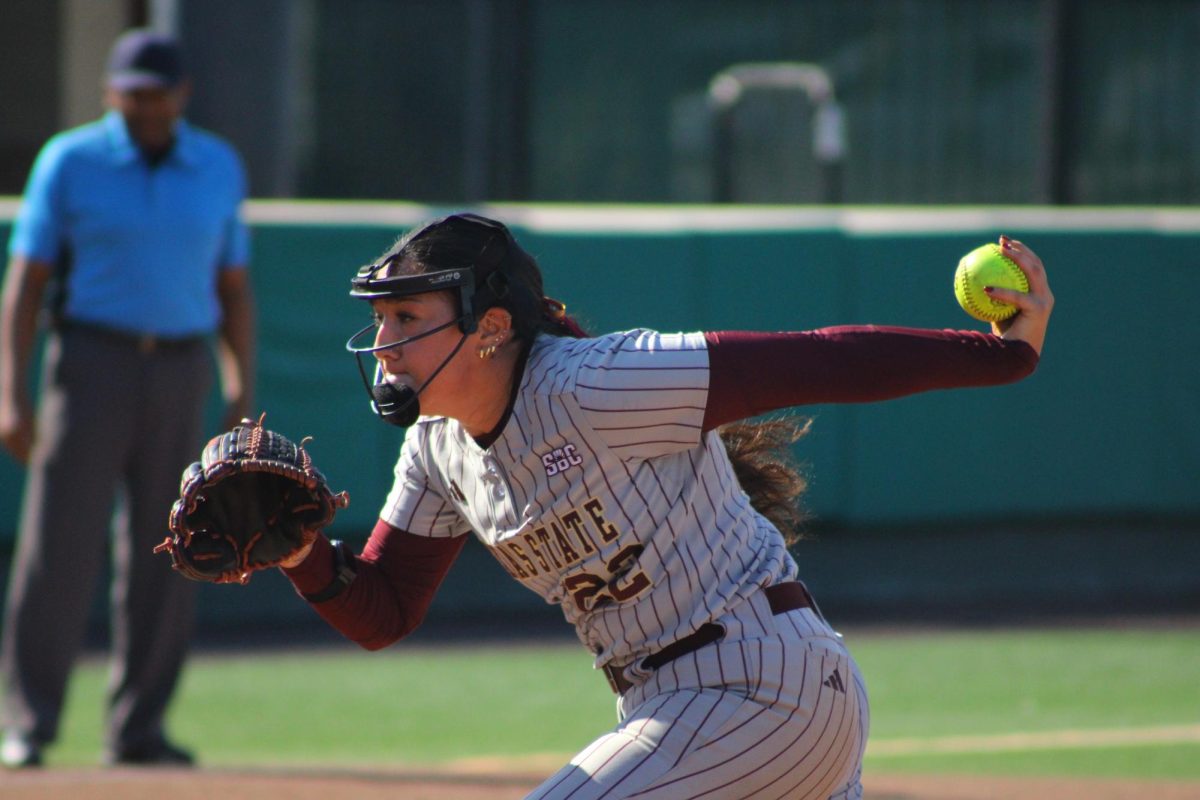 Texas State junior pitcher Madison Azua (22) pitches against Southeastern Louisiana, Friday, February 27th 2026 at Bobcat Softball Stadium. The Bobcats lost 4-0