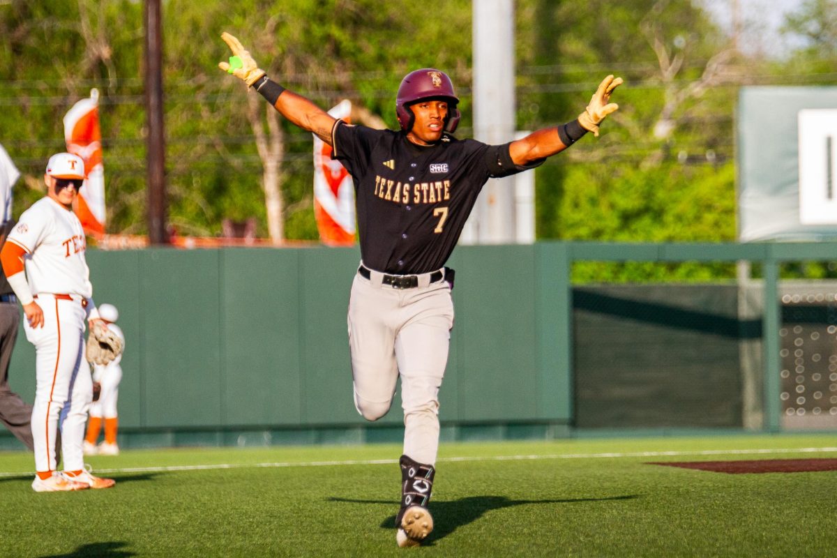 Texas State senior right fielder Rashawn Galloway celebrates after hitting a home run, Tuesday, March 31, 2026, at UFCU Disch-Falk Field. The Bobcats lost to the Longhorns 10-8.
