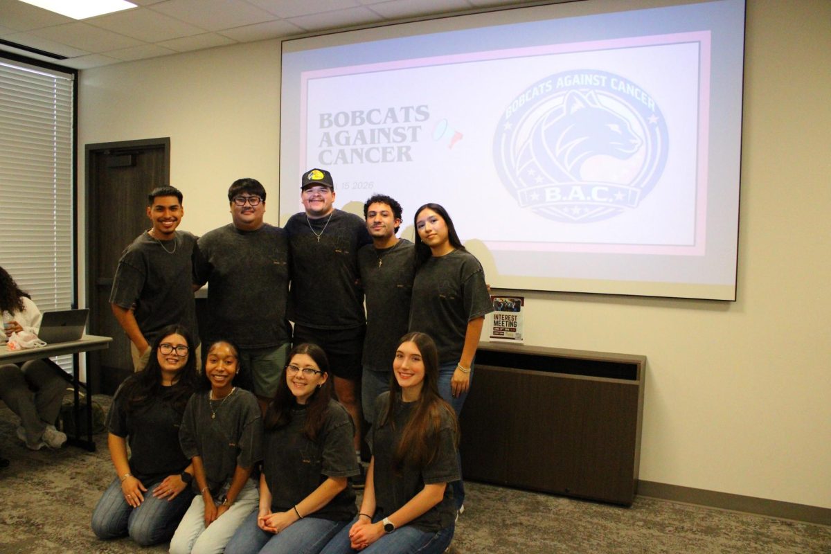 (From top left to bottom right) Alexander Sanchez, Jayson Leland Cabrera, Griffin Hagelman, David Baltazar, Marielly Diaz, Amelie Juarez, Brandy Bravo, Riley Boatright and Breckyn Wiebe. Texas State Bobcats Against Cancer meeting, Wednesday , April 15, 2026 at LBJ Student Center.