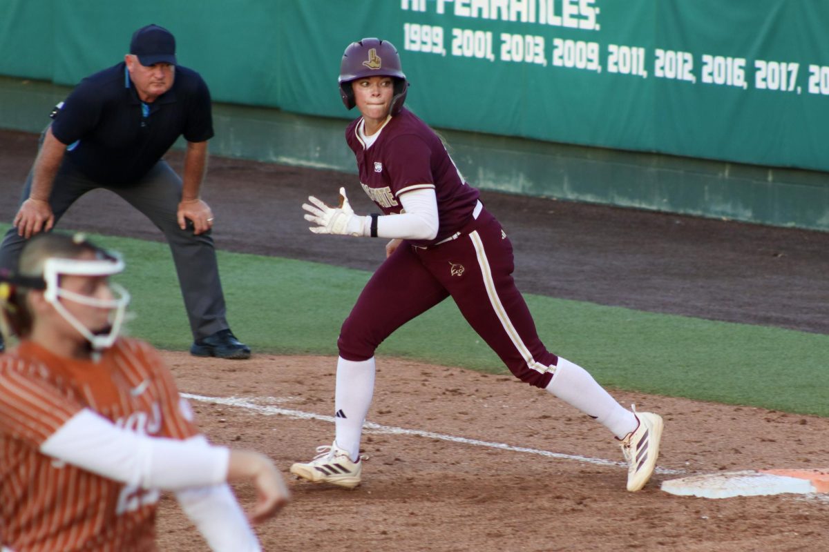 Texas State junior second baseman Kat Zarate (28) prepares to run after a pitch is thrown, Wednesday, March 25, 2026, at Bobcat Softball Stadium. The Bobcats lost 3-2 against No. 1 Texas.