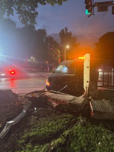 Car crashed into brick barrier at Sewell Park near the intersection of Aquarena Springs Drive and University Drive, Sunday, June 7, 2026 in San Marcos.